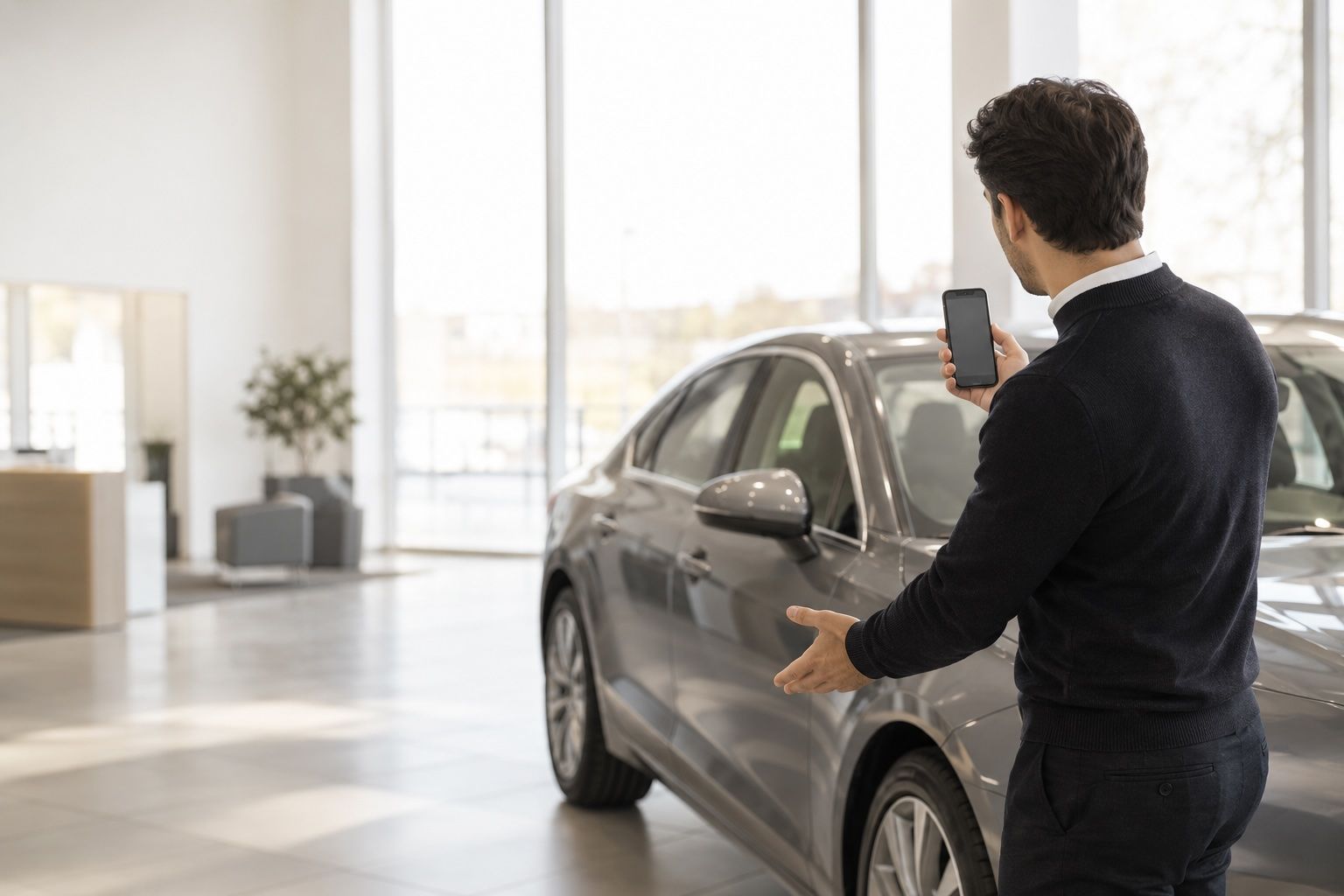 A salesperson stands beside a car in a showroom, holding a phone toward it.
