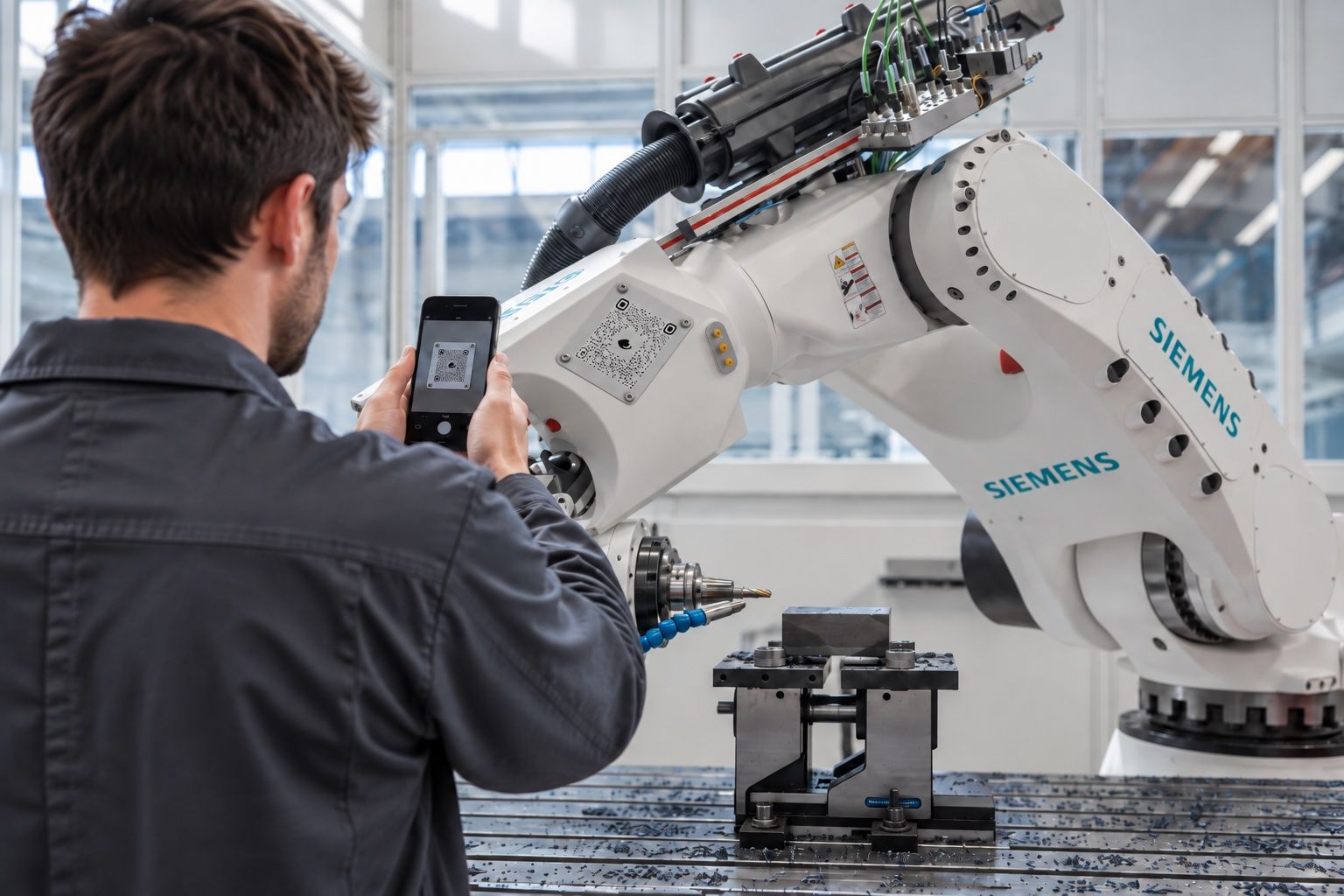 A technician holds a phone toward a large industrial machine on a factory floor.