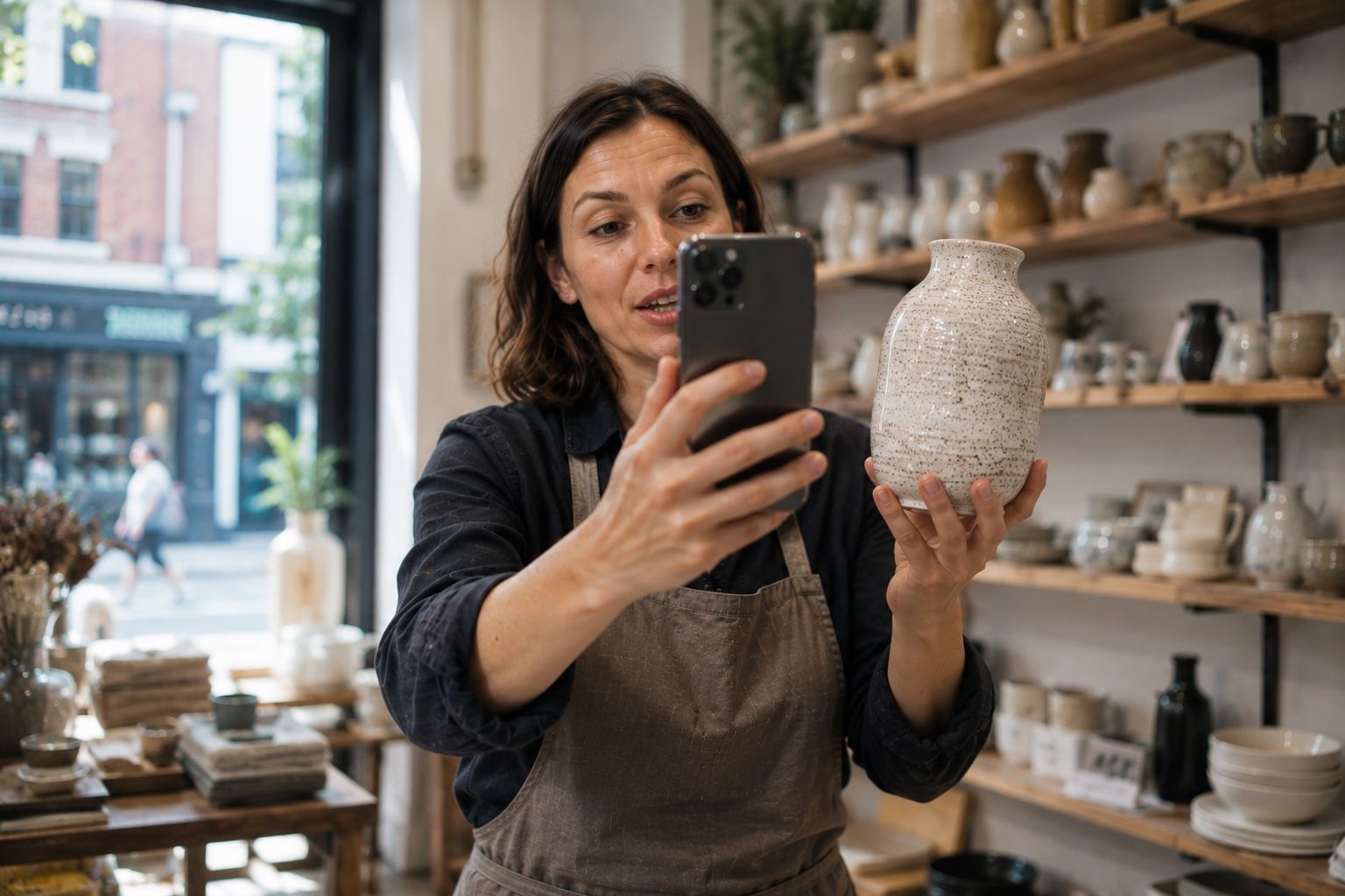 A shop assistant in a ceramics studio holding a vase up to her phone camera, talking to a customer on a live video call.
